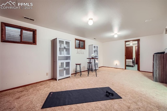 workout area with carpet and a textured ceiling