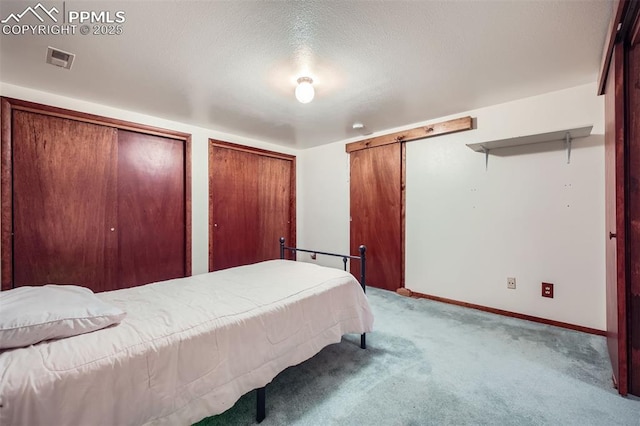 carpeted bedroom featuring a textured ceiling, a barn door, and multiple closets