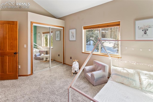 bedroom with lofted ceiling, light colored carpet, and a closet