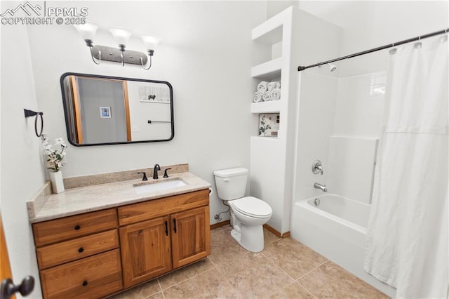 full bathroom featuring vanity, shower / bathtub combination with curtain, tile patterned floors, and toilet