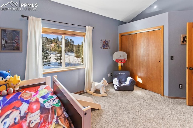 bedroom with a closet, lofted ceiling, and carpet