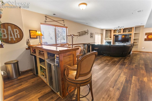 bar with dark wood-type flooring, plenty of natural light, and built in shelves