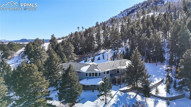 snowy aerial view featuring a mountain view