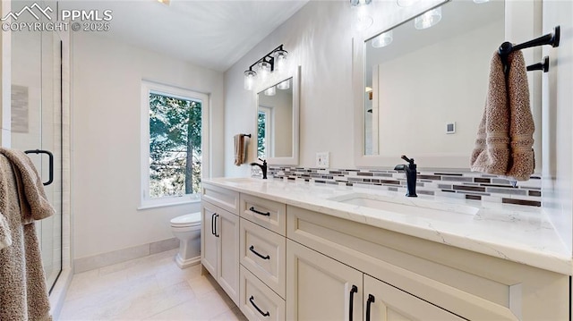 bathroom with walk in shower, toilet, tasteful backsplash, vanity, and tile patterned flooring