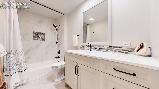 full bathroom with tasteful backsplash, shower / tub combo, vanity, and toilet