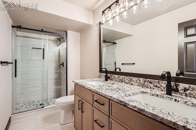 bathroom featuring a shower with door, vanity, and toilet