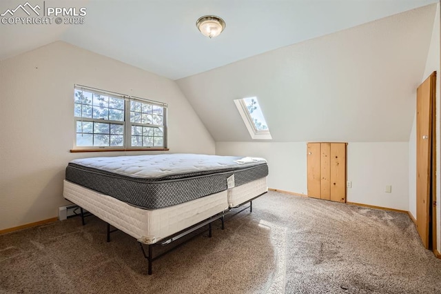 bedroom featuring carpet floors and vaulted ceiling with skylight