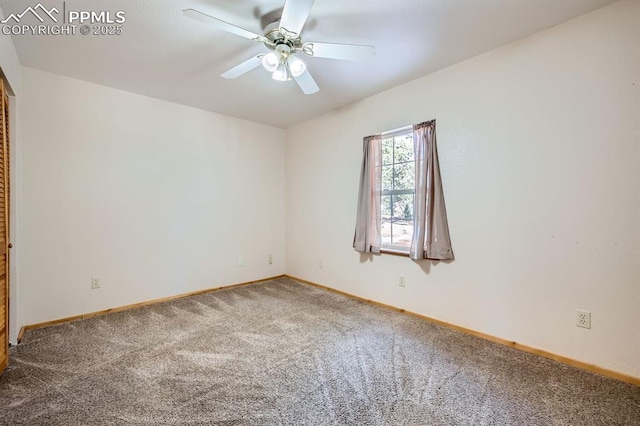 unfurnished room with carpet floors and ceiling fan