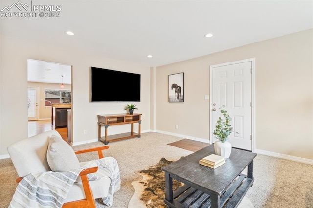 living room with light colored carpet