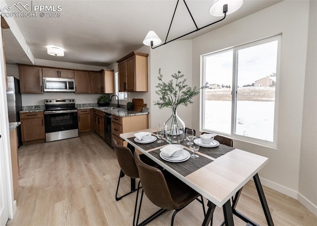 dining space with sink and light hardwood / wood-style flooring