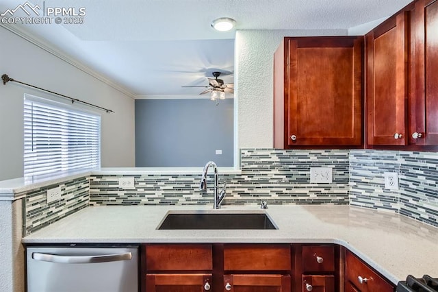 kitchen featuring sink, decorative backsplash, stainless steel dishwasher, and ceiling fan