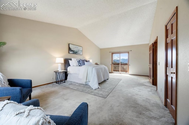 bedroom featuring light carpet, vaulted ceiling, a textured ceiling, access to outside, and baseboards