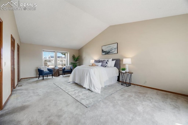 bedroom with light carpet, lofted ceiling, and baseboards