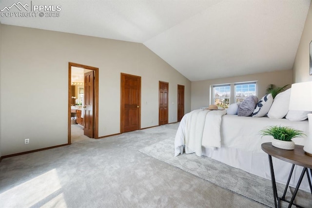 bedroom with light carpet, lofted ceiling, and baseboards