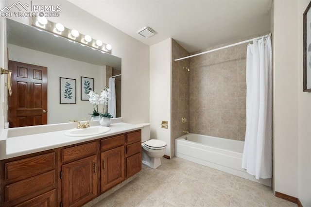 full bath featuring visible vents, vanity, toilet, and shower / bath combo with shower curtain