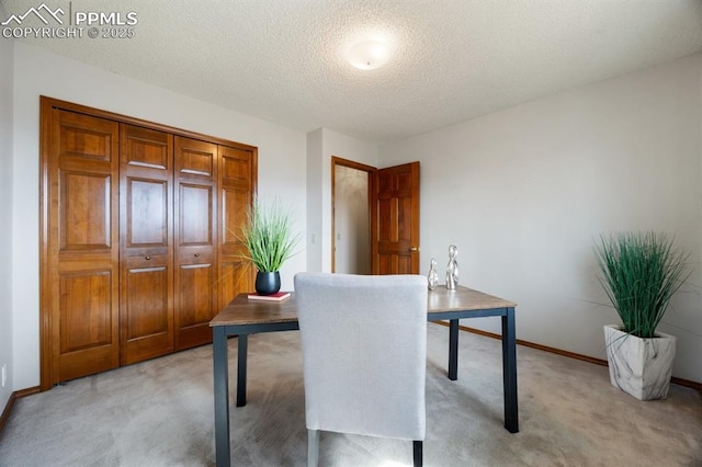 office space with baseboards, a textured ceiling, and light colored carpet