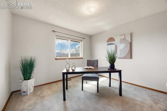 carpeted office with baseboards and a textured ceiling