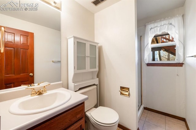 full bathroom with toilet, a shower with shower door, vanity, visible vents, and tile patterned floors