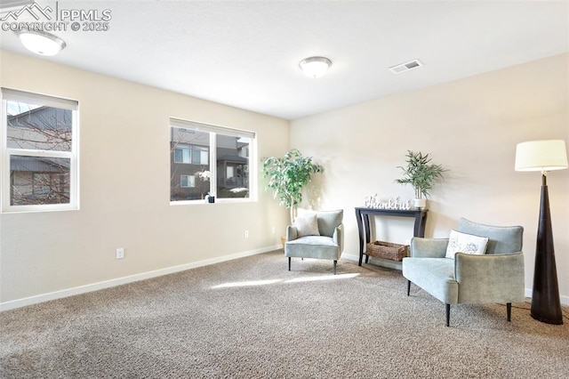 living area featuring carpet, visible vents, and baseboards