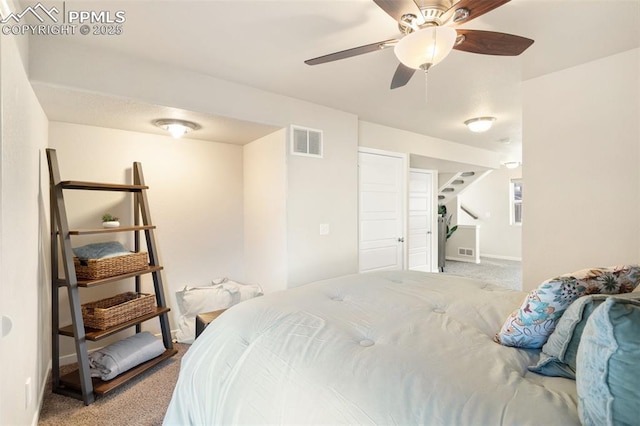 bedroom with baseboards, visible vents, ceiling fan, and light colored carpet