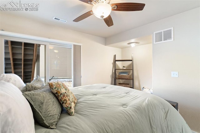 bedroom featuring visible vents and ceiling fan