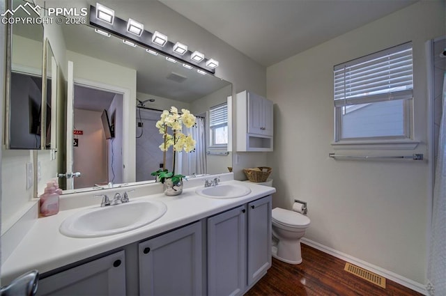 bathroom with vanity, hardwood / wood-style flooring, and toilet