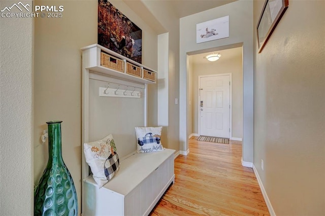 mudroom with light hardwood / wood-style floors