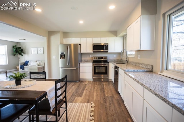 kitchen with white cabinetry, sink, stainless steel appliances, light stone countertops, and dark wood-type flooring