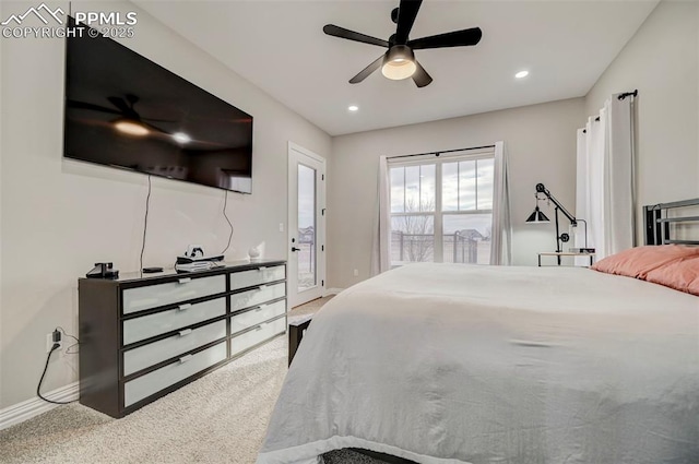 bedroom featuring ceiling fan, access to exterior, and carpet