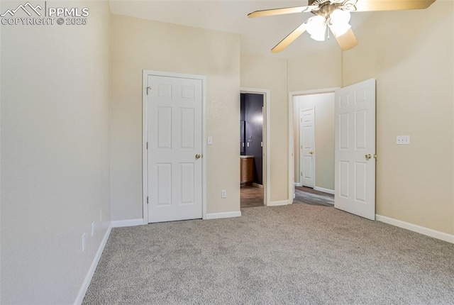 unfurnished bedroom with light carpet and ceiling fan