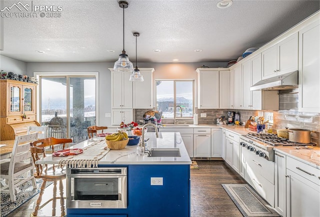 kitchen featuring sink, appliances with stainless steel finishes, a kitchen island with sink, white cabinets, and decorative light fixtures