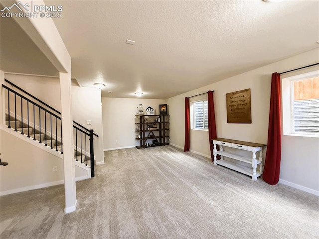 basement with carpet and a textured ceiling