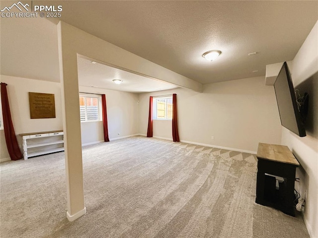 basement with light colored carpet and a textured ceiling