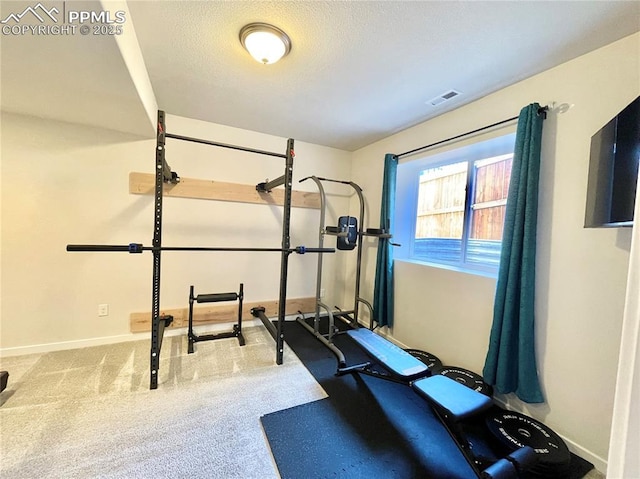 workout room featuring carpet floors and a textured ceiling