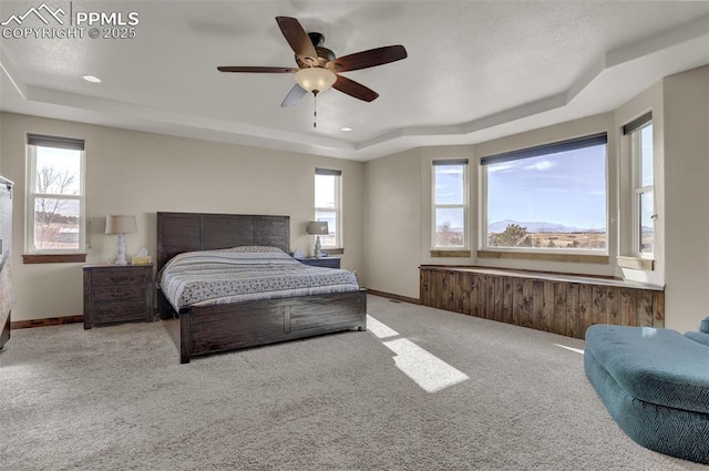 carpeted bedroom featuring ceiling fan and a tray ceiling