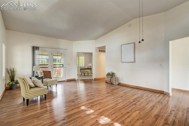 sitting room featuring wood-type flooring and high vaulted ceiling