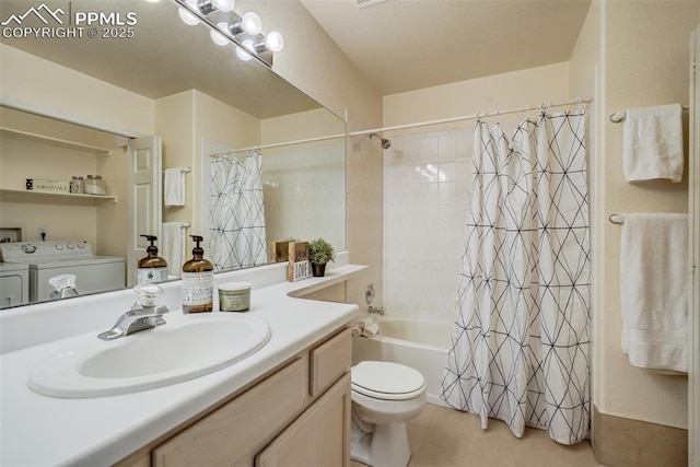 full bathroom featuring tile patterned floors, toilet, vanity, shower / bathtub combination with curtain, and washing machine and dryer