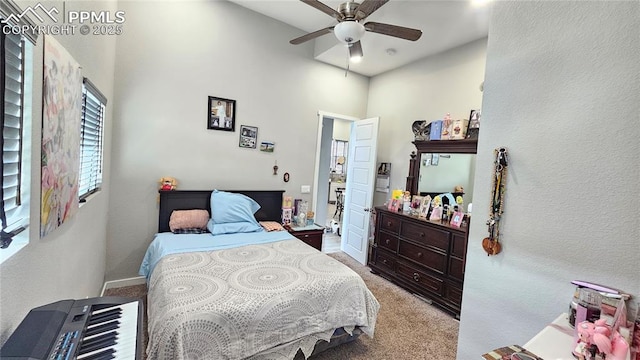 bedroom featuring carpet floors and ceiling fan