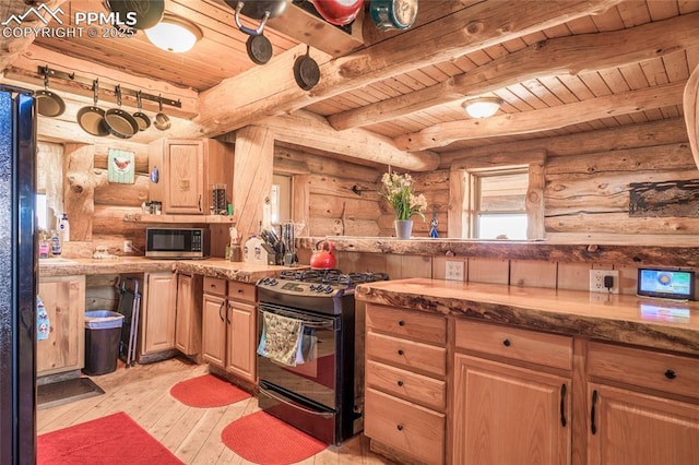 kitchen featuring beam ceiling, wood ceiling, black appliances, and light hardwood / wood-style floors