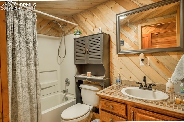 full bathroom featuring toilet, wood ceiling, vanity, wooden walls, and shower / bath combo with shower curtain