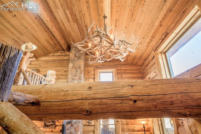 room details featuring beamed ceiling, wooden ceiling, and log walls