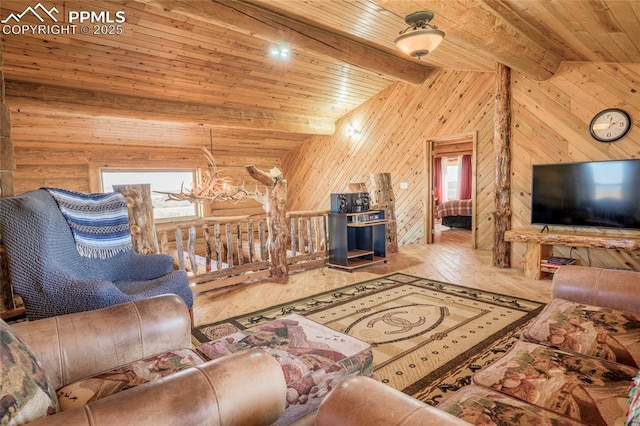 living room featuring an inviting chandelier, vaulted ceiling with beams, wood-type flooring, wooden ceiling, and wood walls