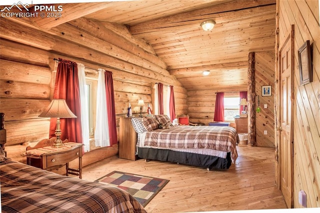 bedroom with vaulted ceiling with beams, wood ceiling, light hardwood / wood-style flooring, and rustic walls