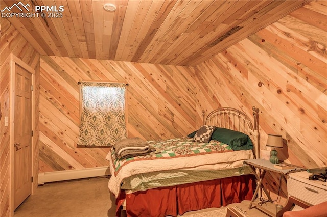 bedroom with wooden ceiling and wooden walls