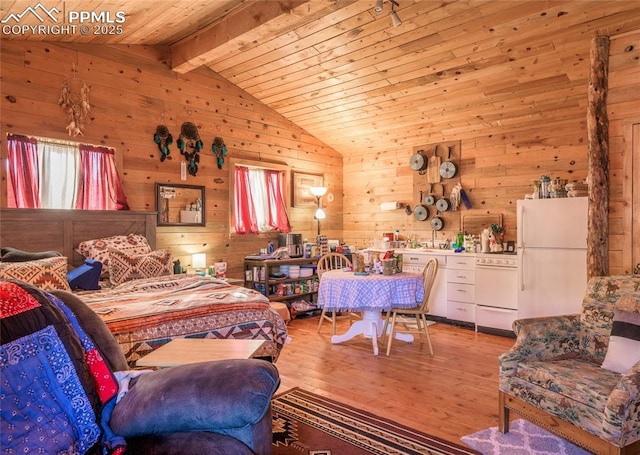 bedroom with vaulted ceiling with beams, light hardwood / wood-style flooring, wooden ceiling, and white refrigerator