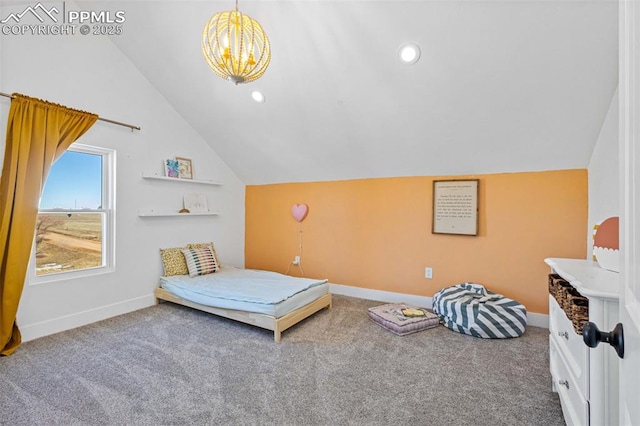 bedroom with an inviting chandelier, vaulted ceiling, and carpet