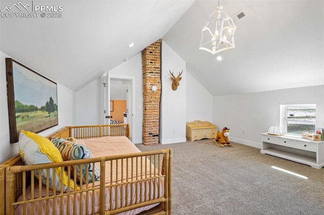 carpeted bedroom featuring lofted ceiling and an inviting chandelier