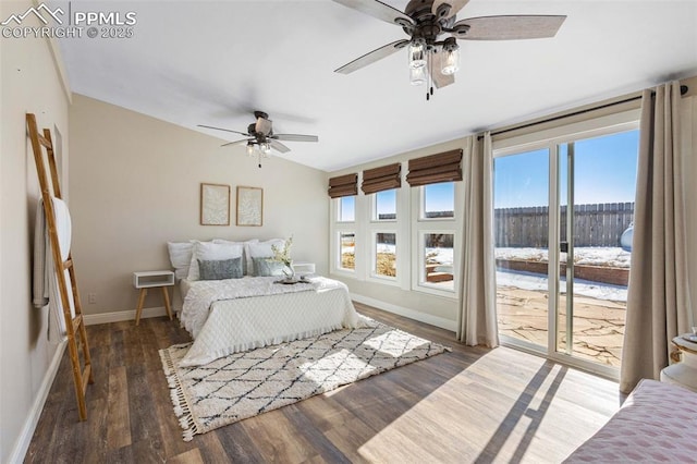 bedroom featuring ceiling fan, access to exterior, and dark hardwood / wood-style flooring