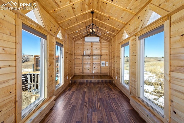 unfurnished sunroom featuring lofted ceiling, a wealth of natural light, and wooden ceiling