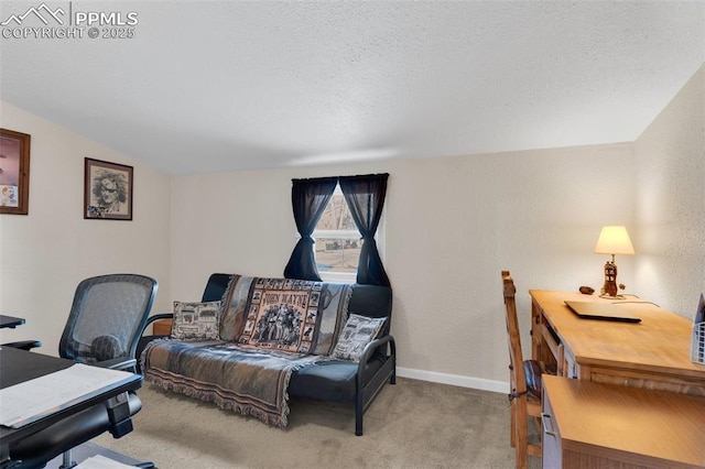 carpeted home office with vaulted ceiling and a textured ceiling